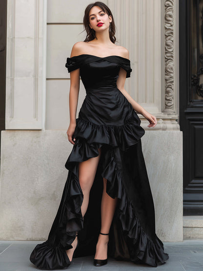 Off-Shoulder High-Low Satin Gown With Dramatic Ruffled Hem