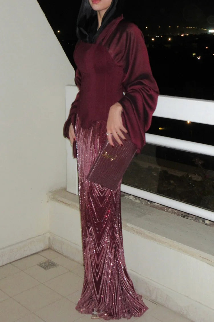 Sequin Embroidery Corset V Neck Bell Sleeve Party Maxi Dress