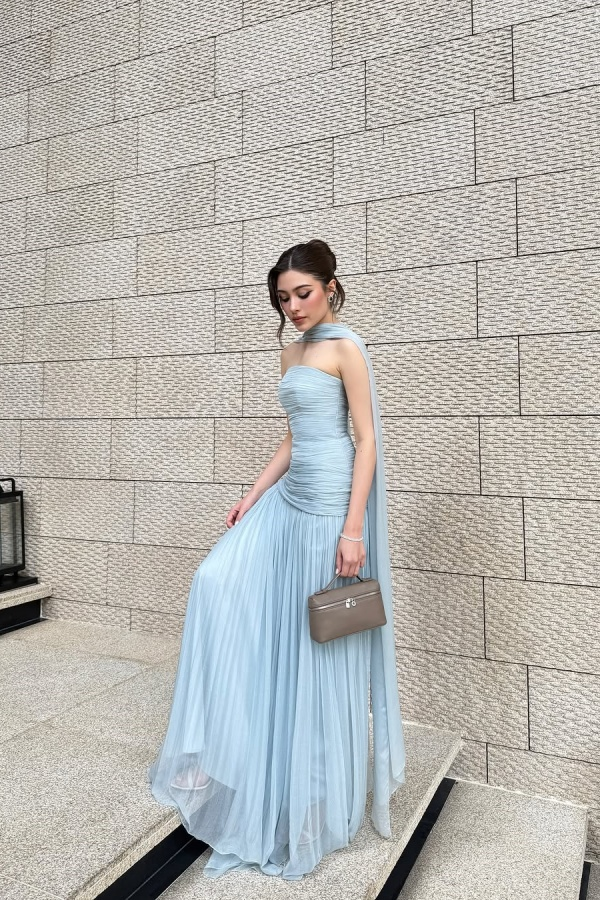 Chiffon Strapless Sleeveless Long Pleated A-Line Prom Dress With Ruffles