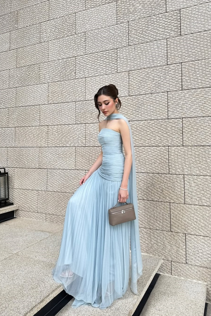 Chiffon Strapless Sleeveless Long Pleated A-Line Prom Dress With Ruffles