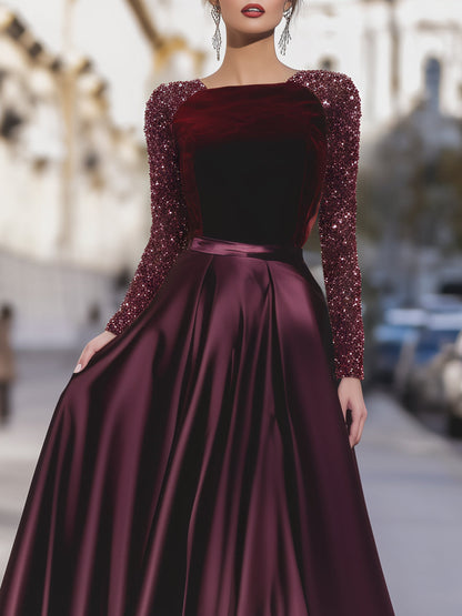 Velvet Sequin Sleeve Gown With Satin Skirt