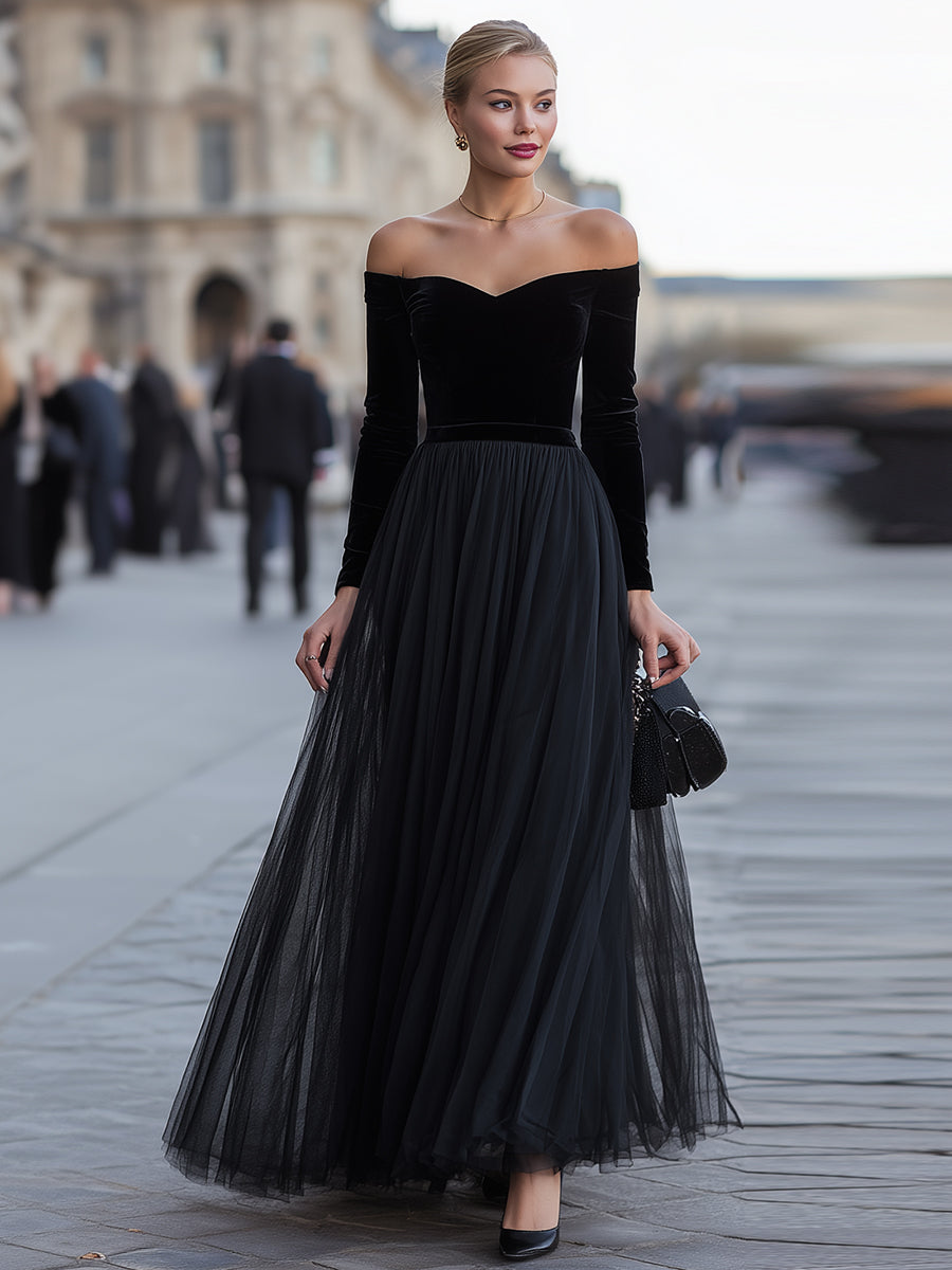 Black Velvet Off-Shoulder Tulle Maxi Dress
