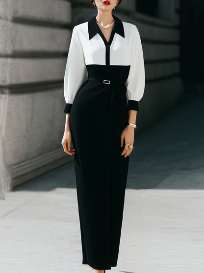 Elegant Contrast-Collar Long-Sleeve Maxi Dress