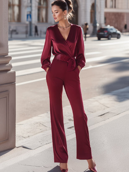 Wrap-Front Belted Long Sleeve Jumpsuit