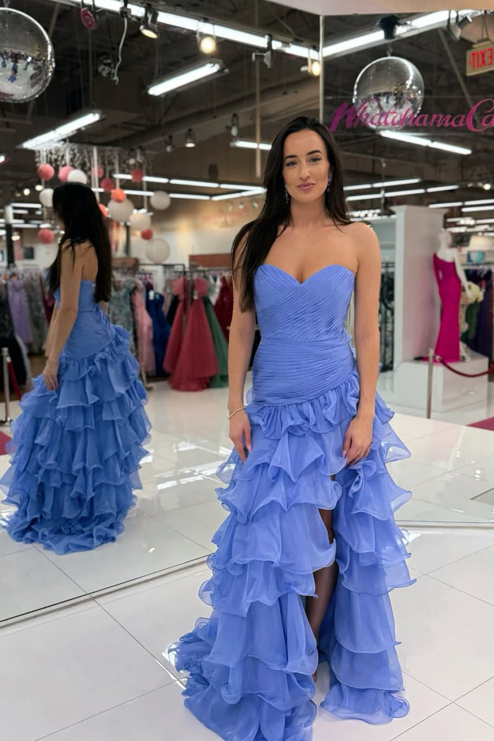 Sheath Sweetheart Blue Chiffon Tiered Prom Dress with Slit
