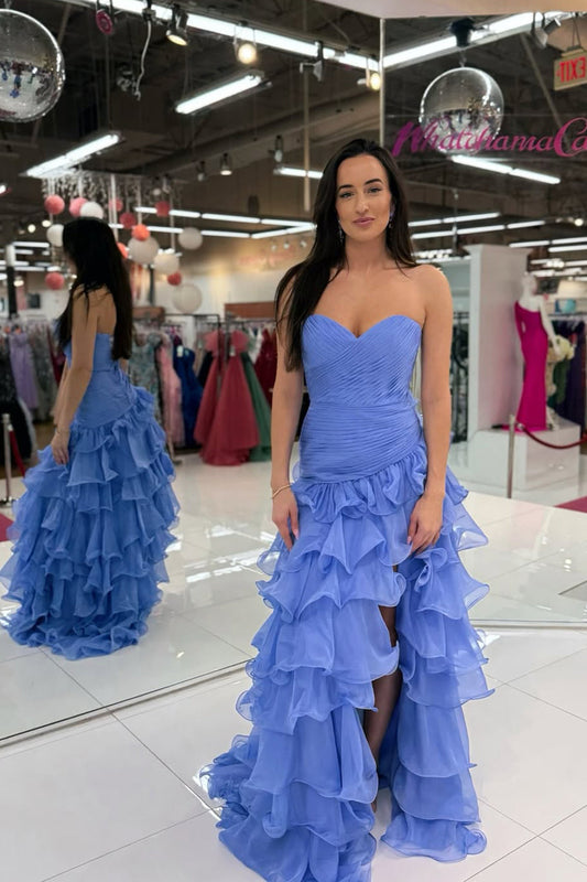 Sheath Sweetheart Blue Chiffon Tiered Prom Dress with Slit