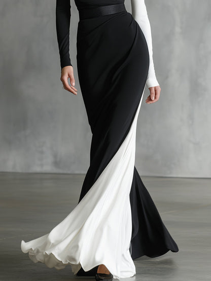 Women's Black - White Classic Jersey Asymmetric One - Shoulder Maxi Dress