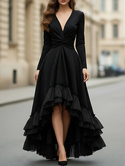 Black Long-Sleeve High-Low Ruffled Evening Dress