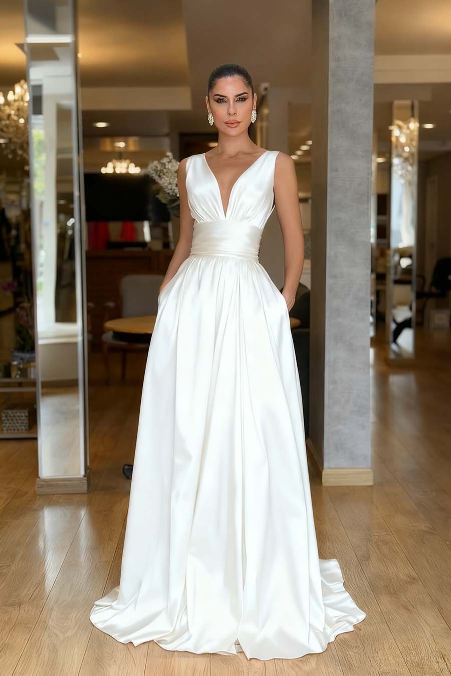 Sleeveless High Waist Long Prom Dress With Pockets Pleated