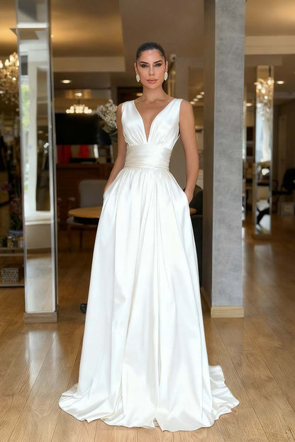 Sleeveless High Waist Long Prom Dress With Pockets Pleated