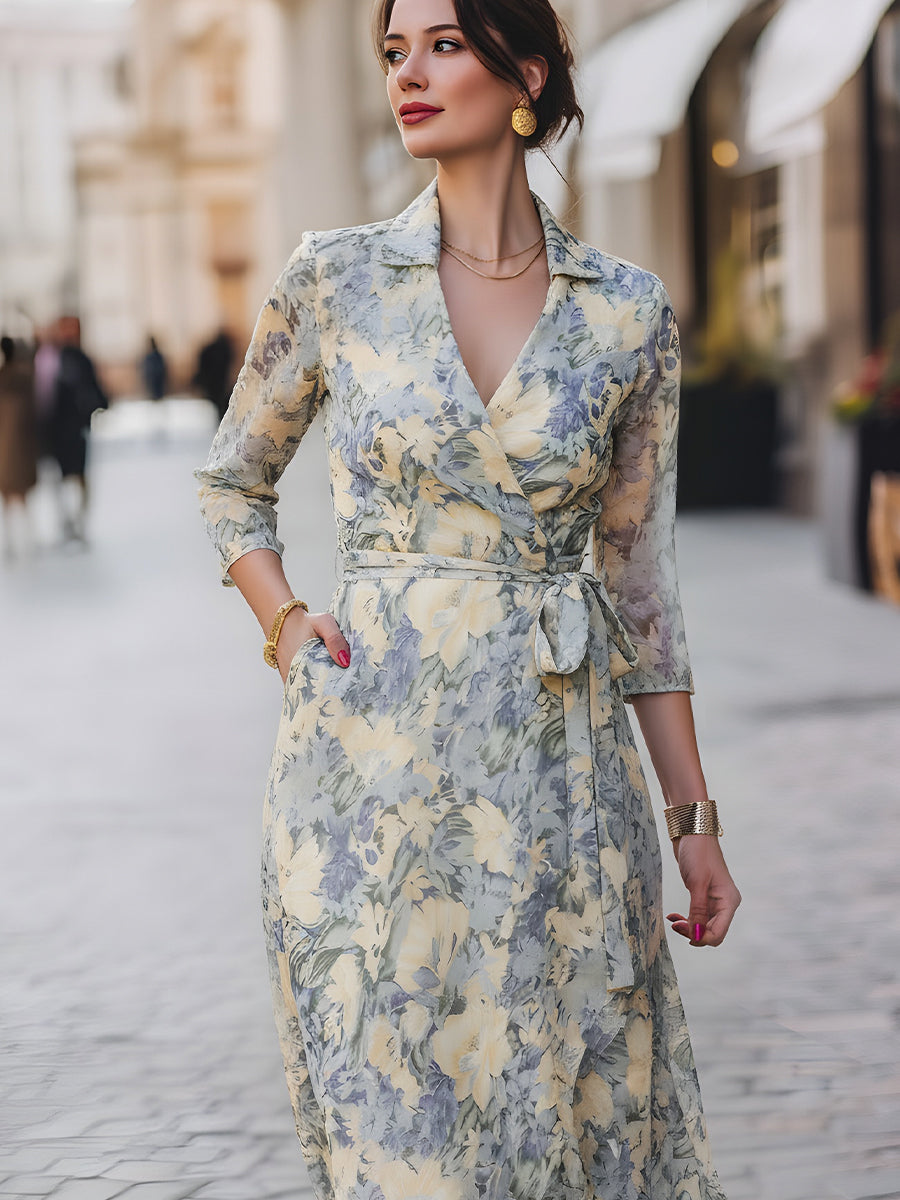 Floral Chiffon Wrap Midi Dress