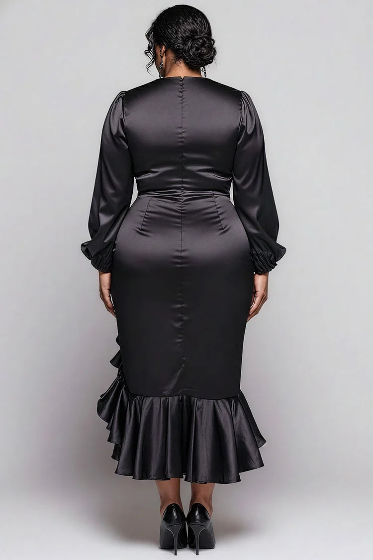 Cocktail Party Black Round Neck Long Sleeve Split Elegant Ruffle Satin Midi Dress