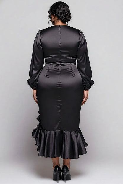 Cocktail Party Black Round Neck Long Sleeve Split Elegant Ruffle Satin Midi Dress