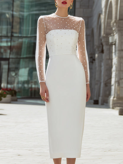 Timeless White And Pearl Embellished Sheath Dress