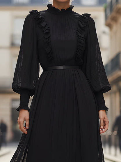 Black Long-Sleeve Ruffled High-Neck Pleated Midi Dress