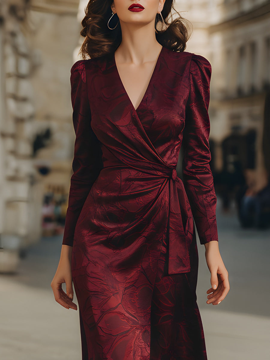 Burgundy Jacquard Wrap Midi Dress