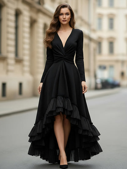 Black Long-Sleeve High-Low Ruffled Evening Dress