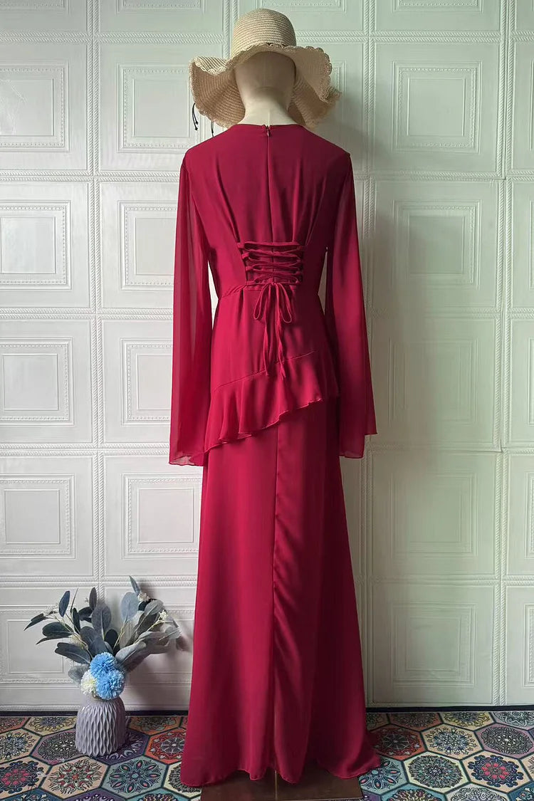 Round Neck Flare Sleeve Ruffled Solid Color Maxi Dresses