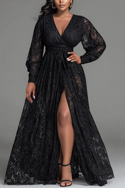 Black V Neck Long Sleeve Split Elegant See Through Lace Maxi Dresses