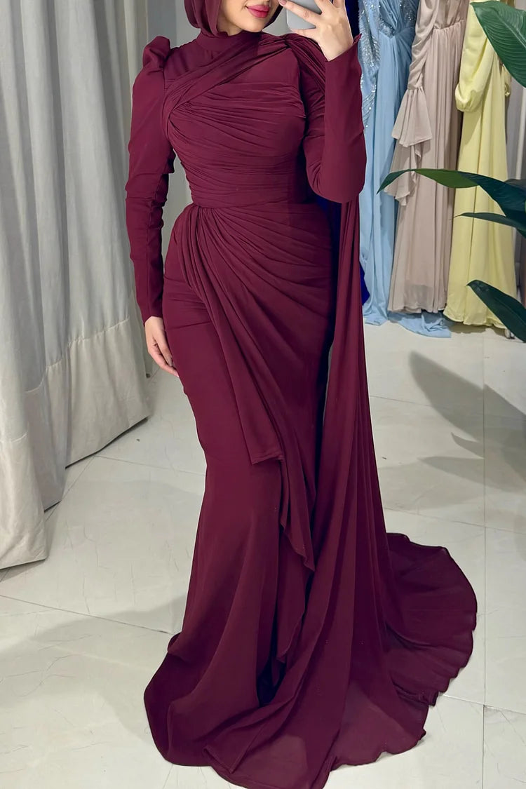 Draped Ruched Train Mock Neck Cinch Waist Party Maxi Dress