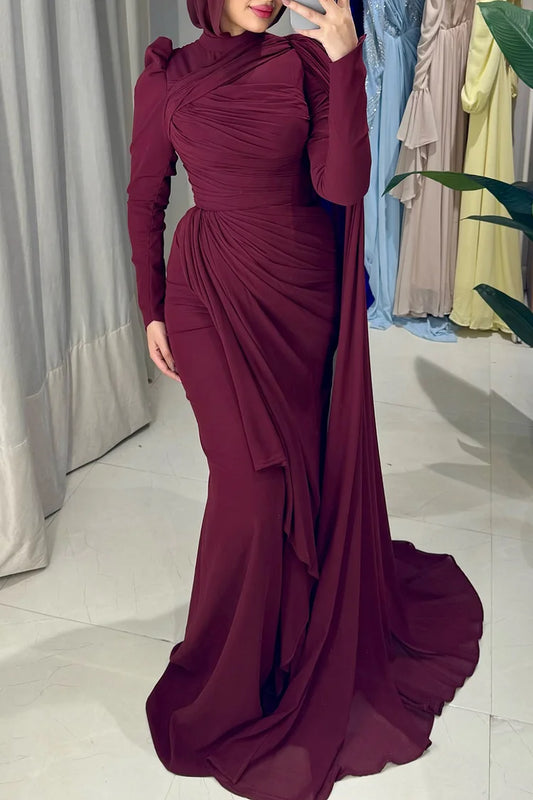 Draped Ruched Train Mock Neck Cinch Waist Party Maxi Dress