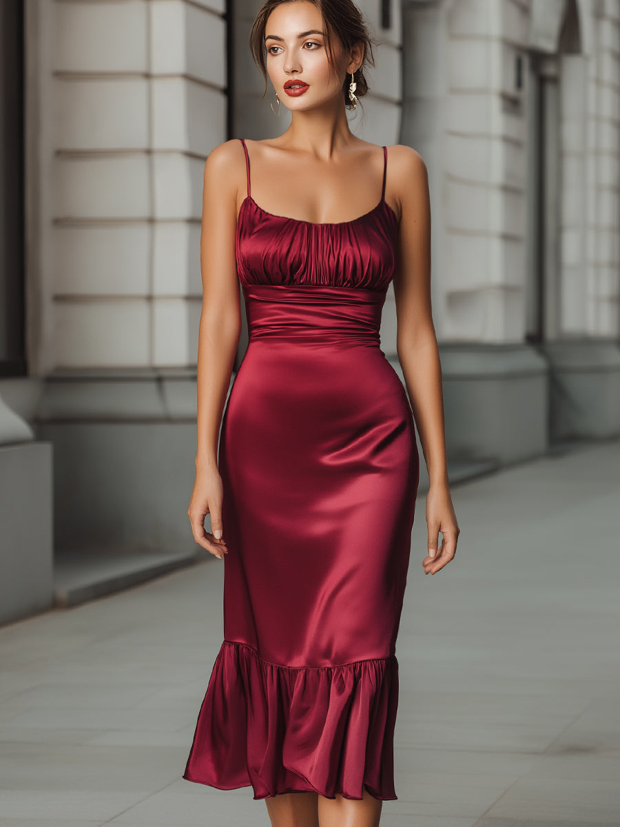 Ruched Satin Ruffle-Hem Midi Dress