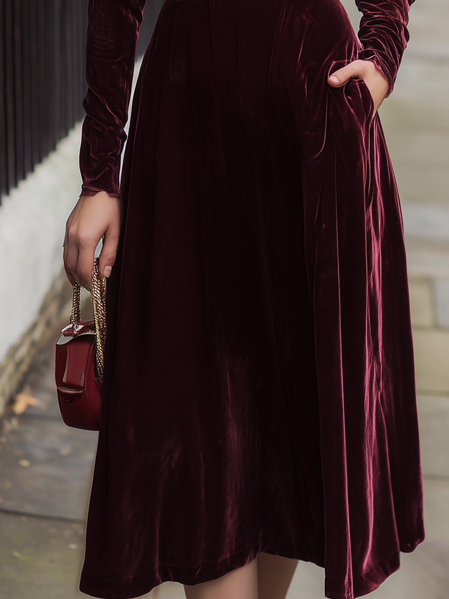 Burgundy Lace-Corset Velvet Midi Dress