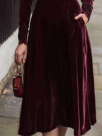 Burgundy Lace-Corset Velvet Midi Dress