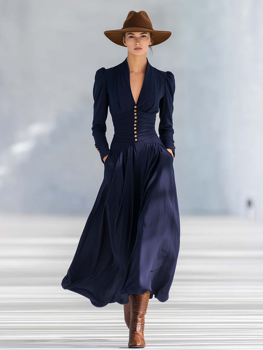 Elegant Button-decorated V-neck Long-sleeved Maxi Dress
