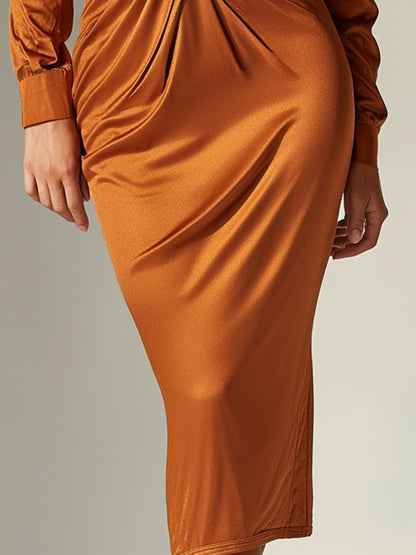 Caramel Long-Sleeve Cutout Twist-Front Satin Midi Dress
