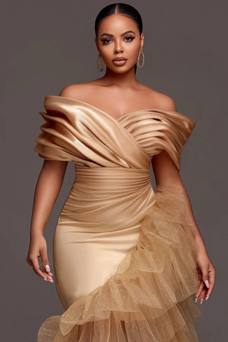 Champagne Off The Shoulder Ruffle Elegant Contrast Satin Midi Dress