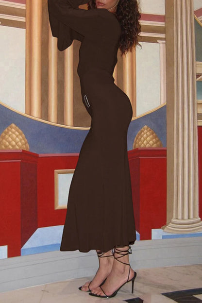 Buckle Decor Asymmetric Bell Sleeve Round Neck Slim Party Maxi Dress