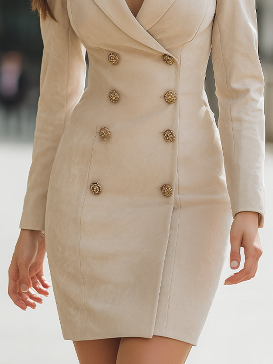 Elegant Double-Breasted Faux Suede Mini Dress With Gold-Tone Buttons