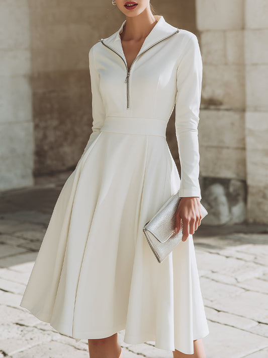 Zip-Front Long Sleeve Fit-and-Flare Midi Dress