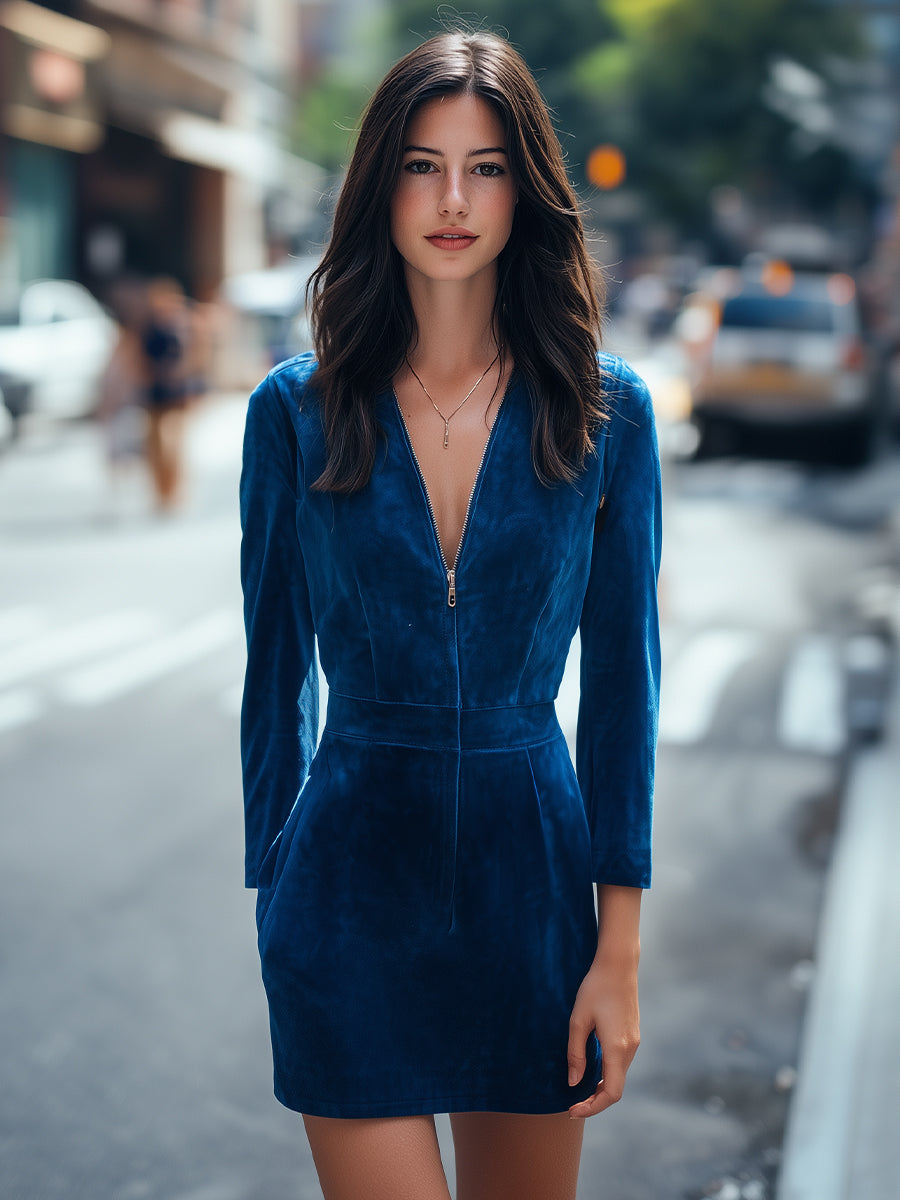 Sapphire Velvet Zip-Front Mini Dress