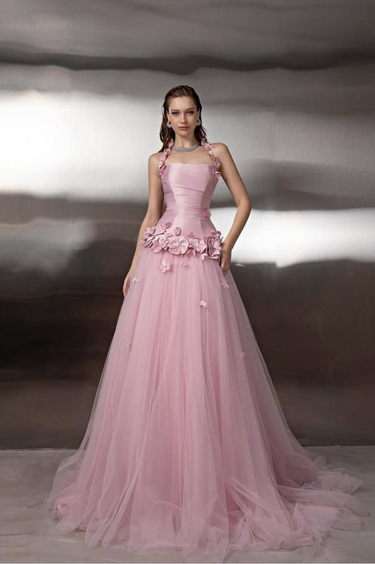 Tulle Halter Sleeveless Long Prom Dress With Appliques Pleated