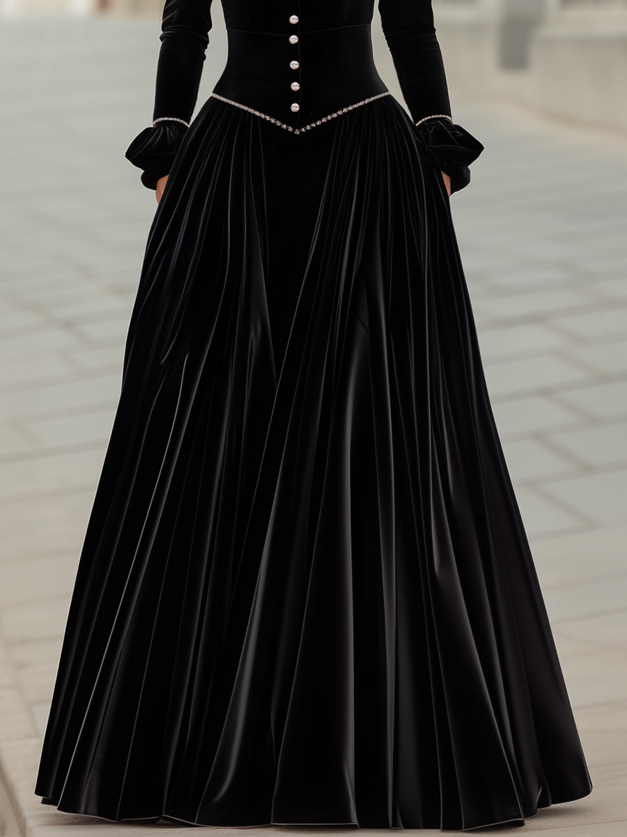 Velvet A-Line Gown With Button Detailing