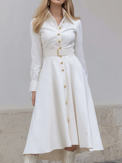 Mooyius White Buttoned Shirt Dress With Belt