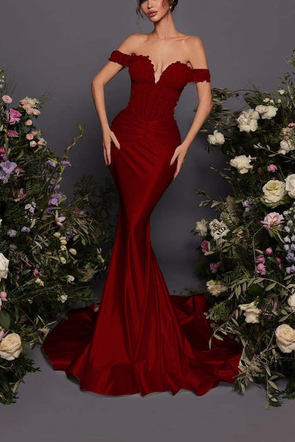 Off The Shoulder Sleeveless Long Mermaid Prom Dress With Pleated