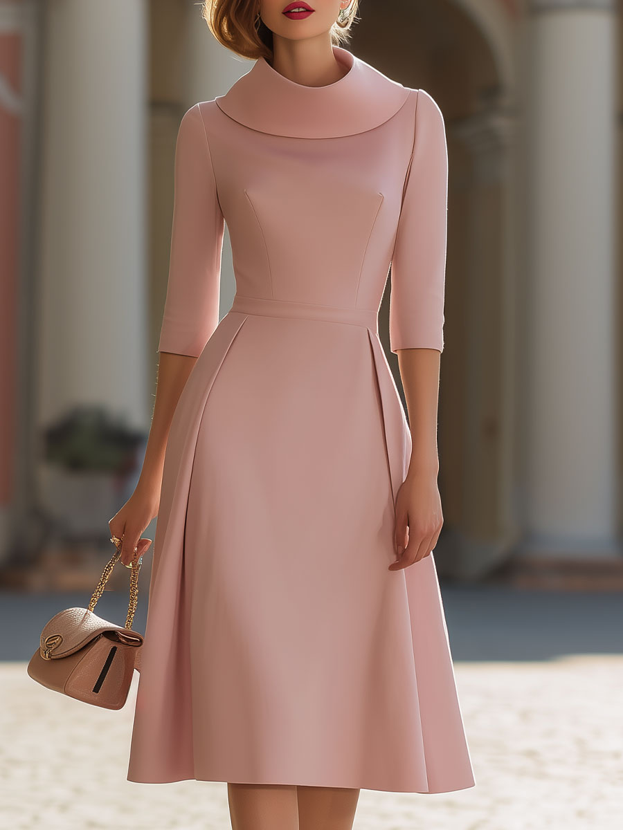 Elegant Blush Pink Cowl Neck Midi Dress With Pleated Details