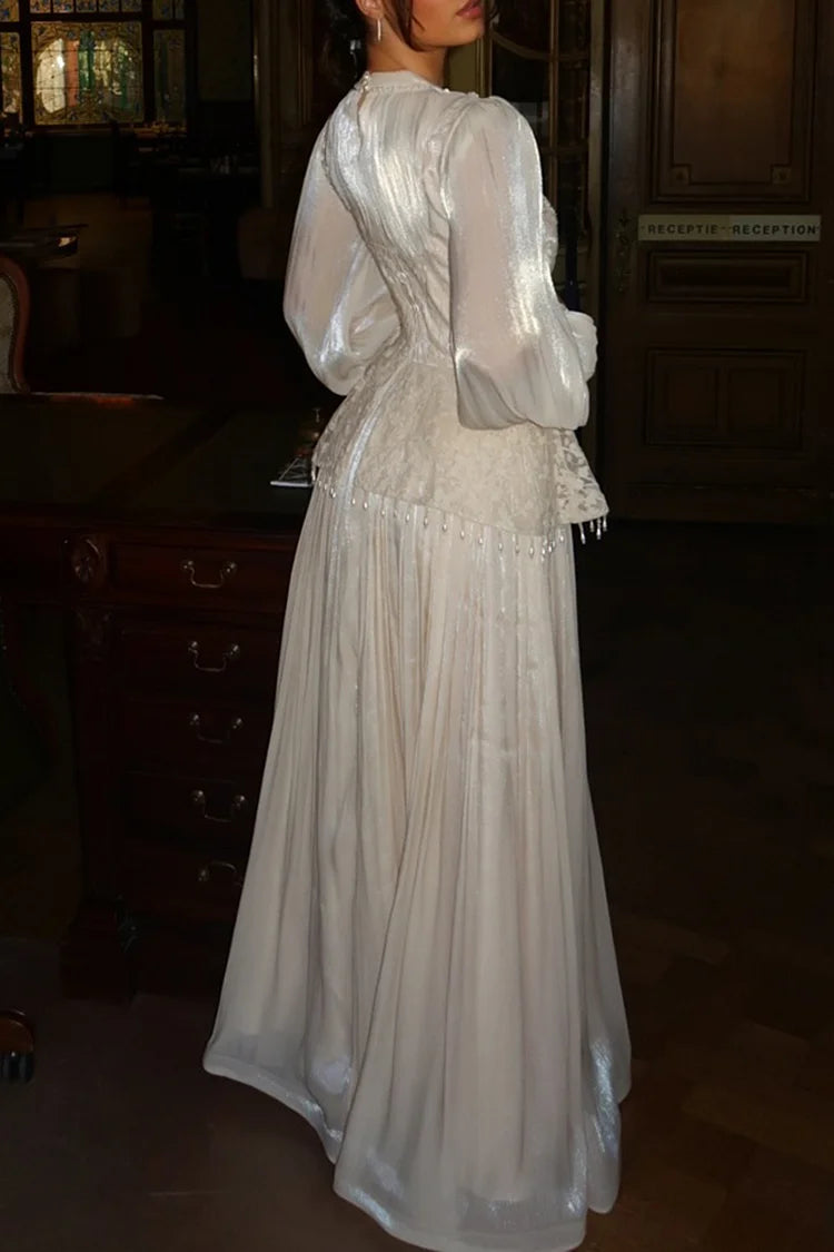 Flower Embroidery Beaded Tassel Pleated Party Maxi Dress