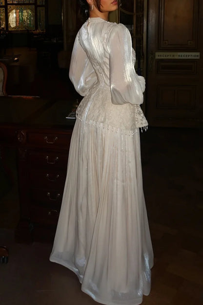 Flower Embroidery Beaded Tassel Pleated Party Maxi Dress