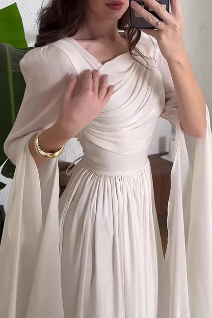 Ruched Irregular Neck Slit Long Sleeve Lace Up Cinch Waist Party Maxi Dresses