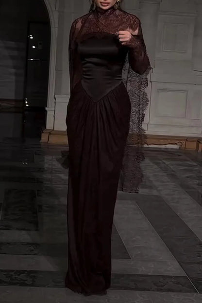 Lace Trim See Through High Neck Tied Slit Hem Maxi Dress