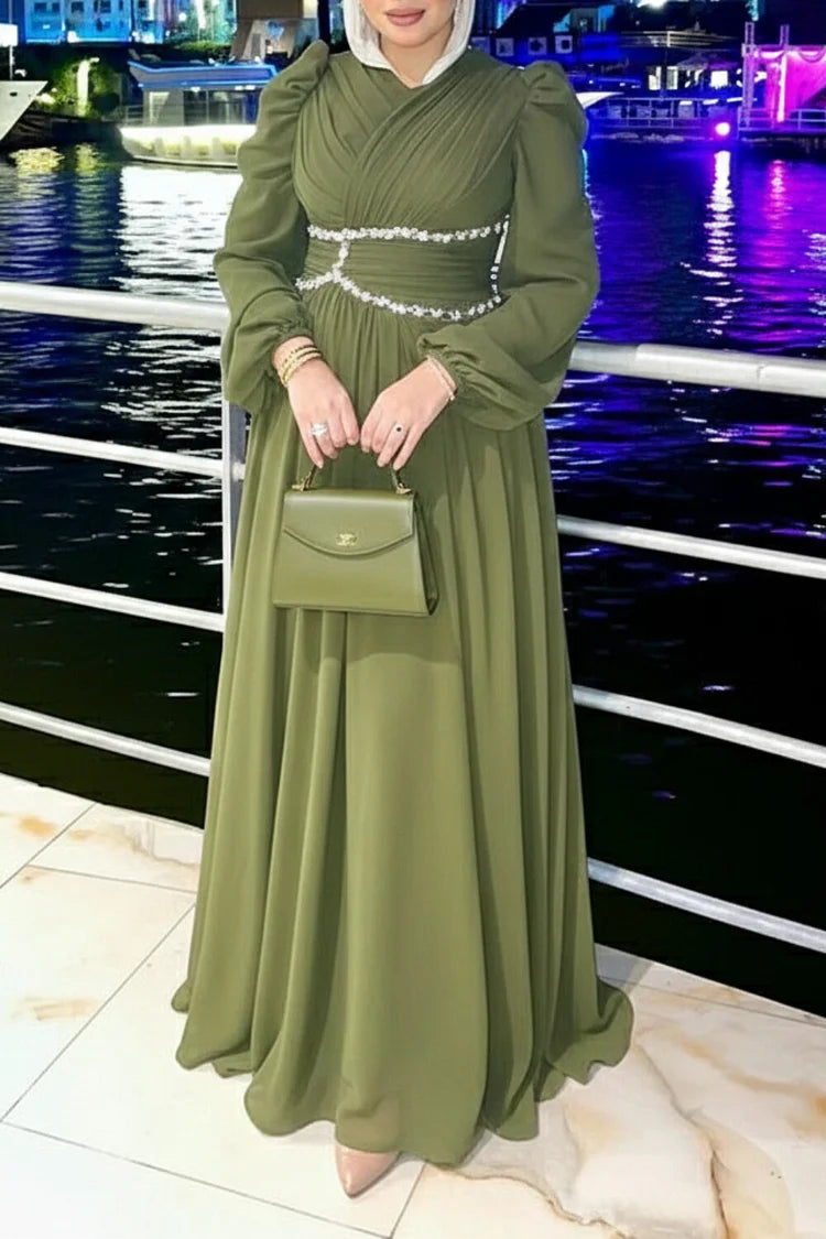 Rhinestone Decor Pleated Wrap Neck Party Maxi Dresses