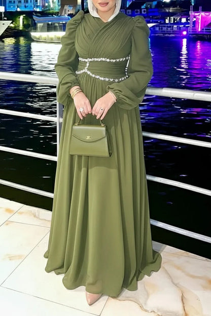 Rhinestone Decor Pleated Wrap Neck Party Maxi Dresses