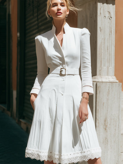 Elegant White Pleated Shirt Dress with Belt