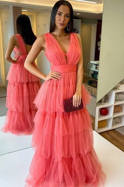 Sleeveless Long Pleated A-Line Prom Dress With Ruffles