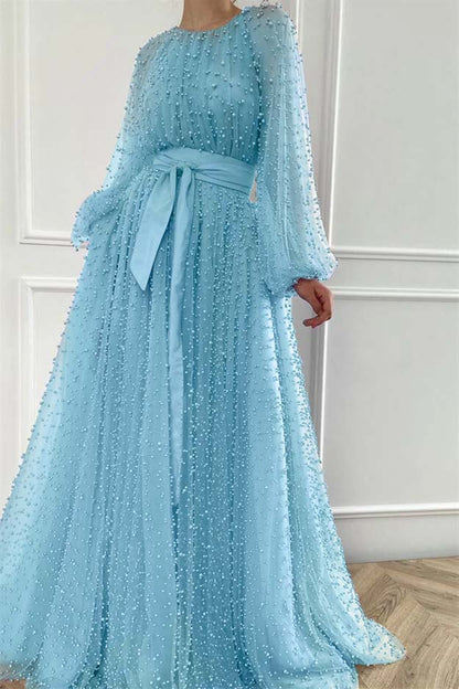 Long Sleeves Long Jewel Neck Prom Dress With Pleated Beading