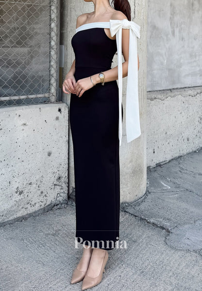 Black Off-Shoulder Sleeveless Satin Evening Dress